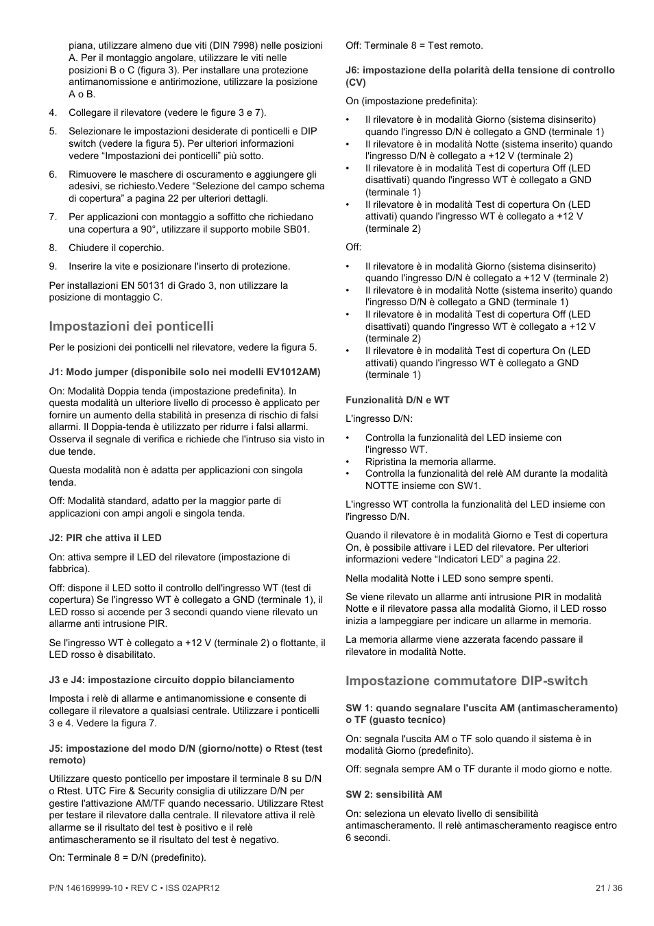 Impostazioni dei ponticelli, Impostazione commutatore dip-switch | Interlogix EV1012 User Manual | Page 21 / 36