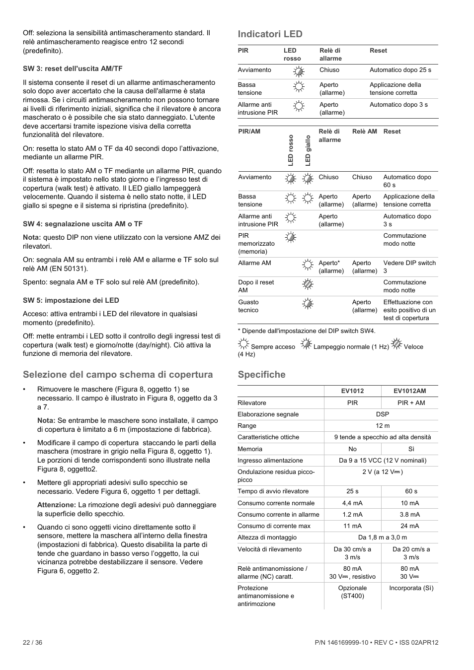 Selezione del campo schema di copertura, Indicatori led, Specifiche | Interlogix EV1012 User Manual | Page 22 / 36