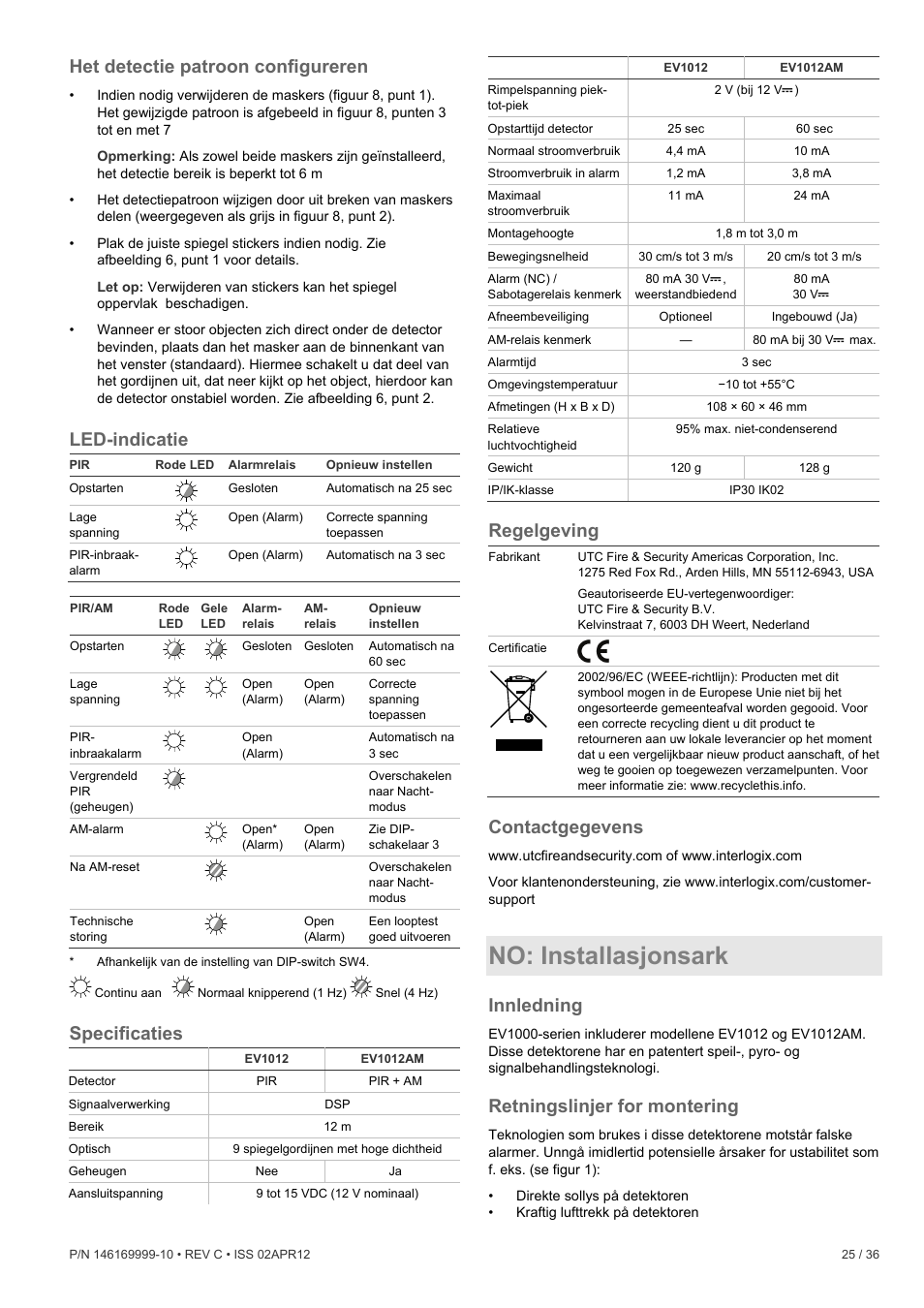 Het detectie patroon configureren, Led-indicatie, Specificaties | Regelgeving, Contactgegevens, No: installasjonsark, Innledning, Retningslinjer for montering | Interlogix EV1012 User Manual | Page 25 / 36