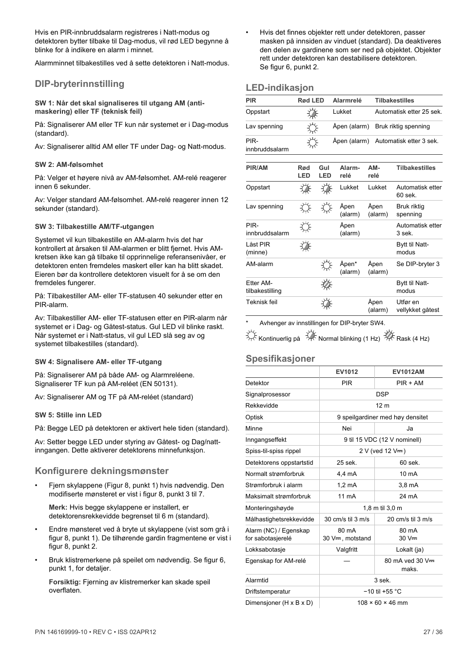 Dip-bryterinnstilling, Konfigurere dekningsmønster, Led-indikasjon | Spesifikasjoner | Interlogix EV1012 User Manual | Page 27 / 36