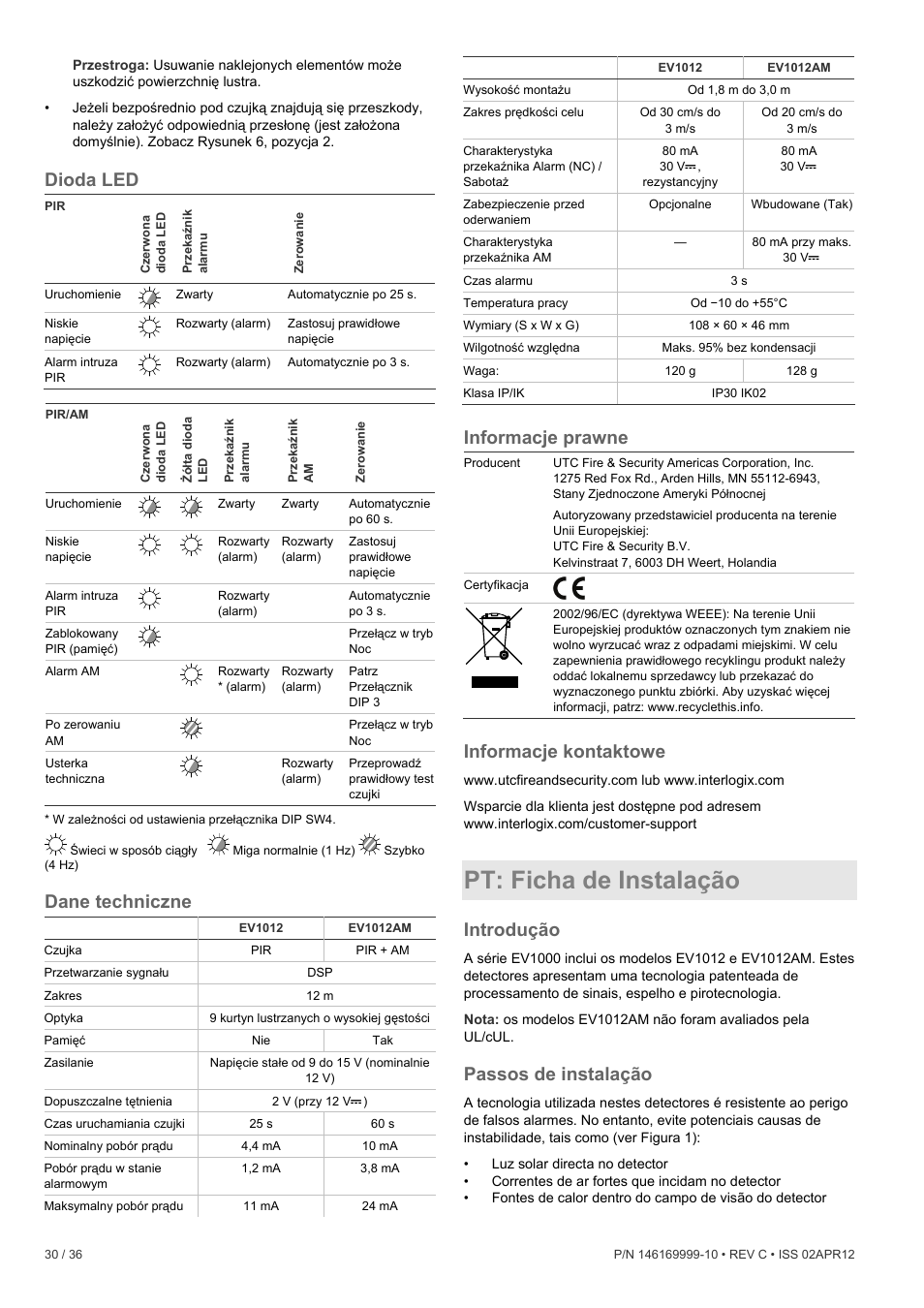 Dioda led, Dane techniczne, Informacje prawne | Informacje kontaktowe, Pt: ficha de instalação, Introdução, Passos de instalação | Interlogix EV1012 User Manual | Page 30 / 36
