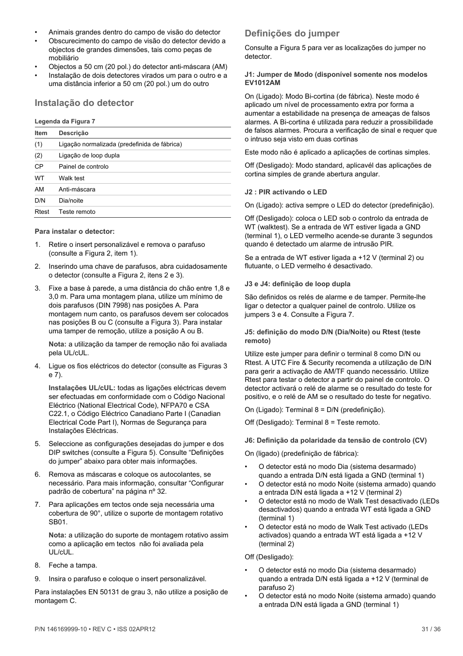 Instalação do detector, Definições do jumper | Interlogix EV1012 User Manual | Page 31 / 36