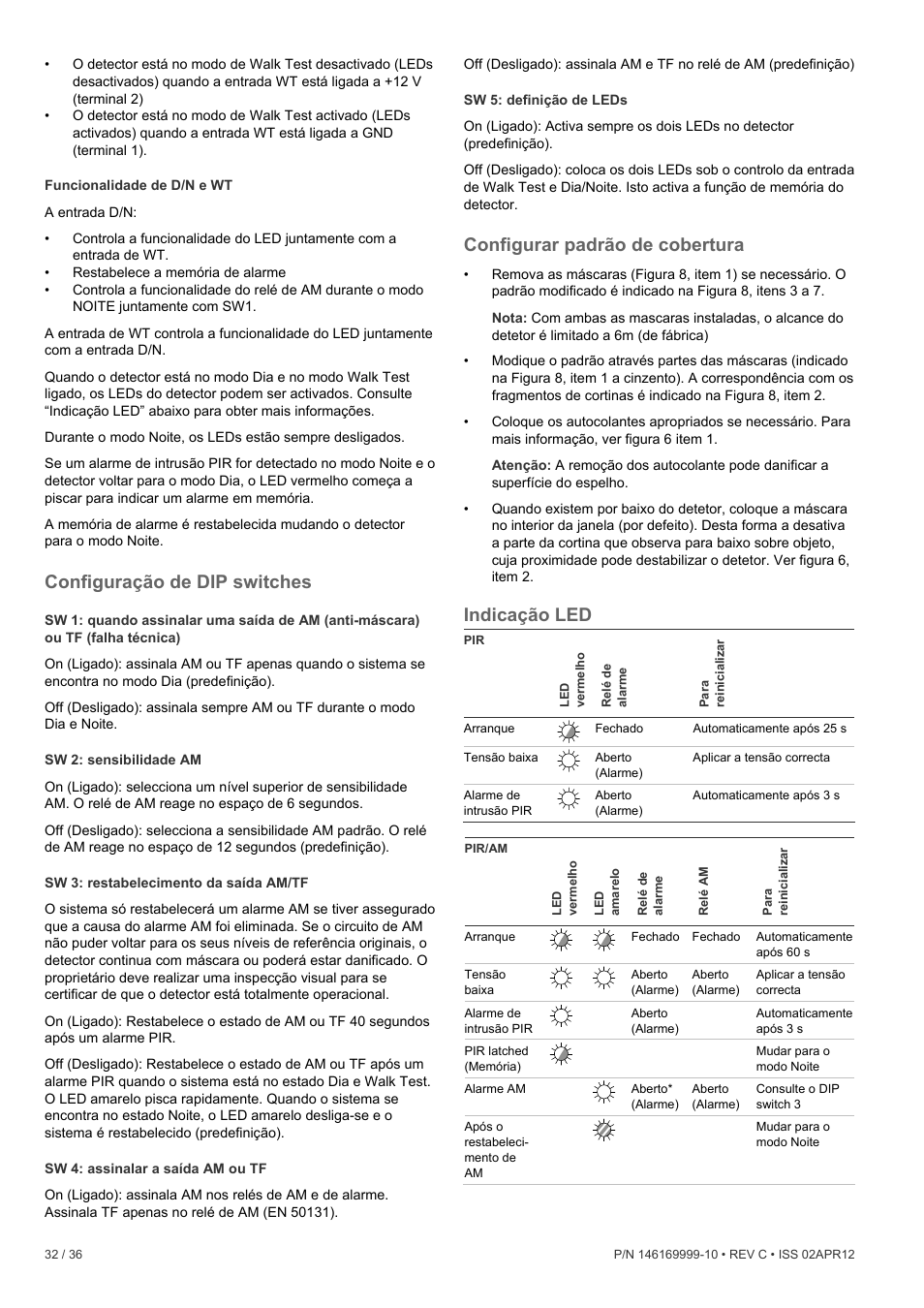 Configuração de dip switches, Configurar padrão de cobertura, Indicação led | Interlogix EV1012 User Manual | Page 32 / 36