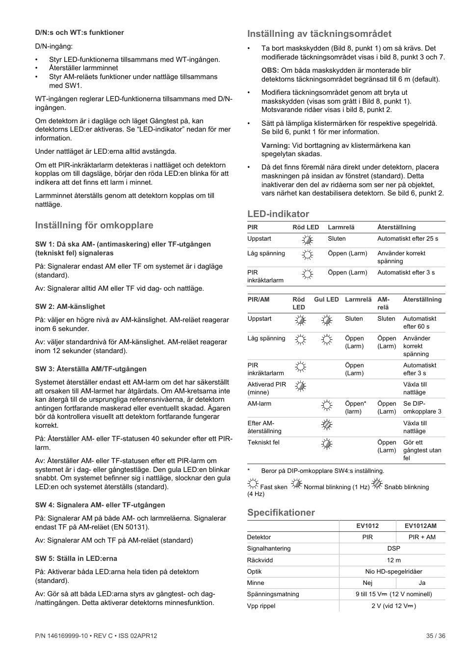 Inställning för omkopplare, Inställning av täckningsområdet, Led-indikator | Specifikationer | Interlogix EV1012 User Manual | Page 35 / 36