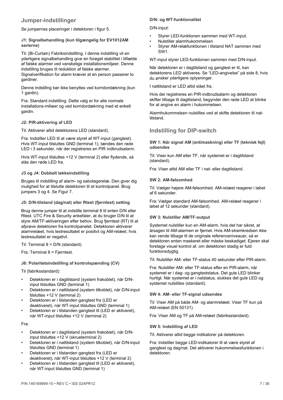 Jumper-indstillinger, Indstilling for dip-switch | Interlogix EV1012 User Manual | Page 7 / 36