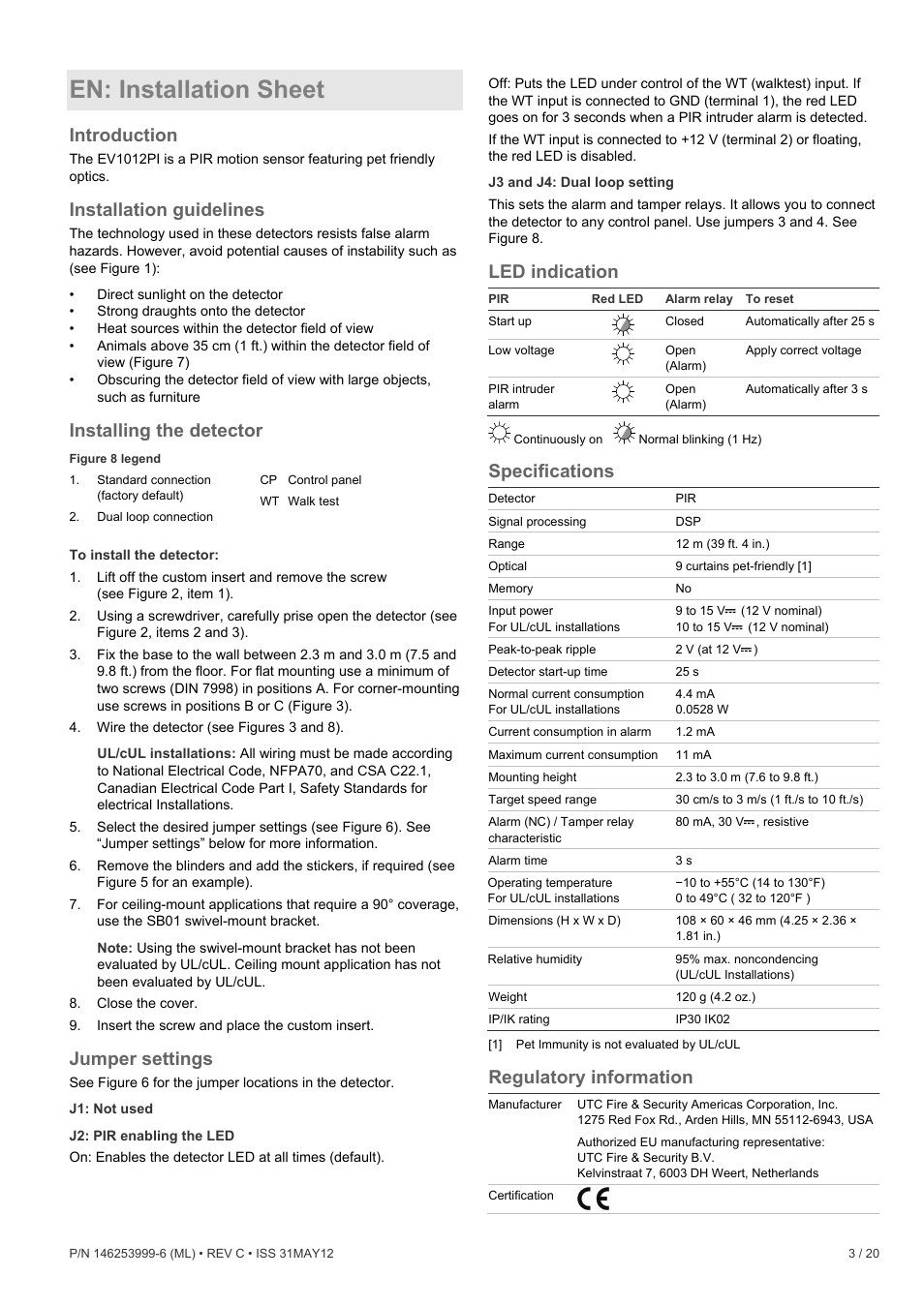 En: installation sheet, Introduction, Installation guidelines | Installing the detector, Jumper settings, Led indication, Specifications, Regulatory information, Jumper settings regulatory information | Interlogix EV1012PI User Manual | Page 3 / 20