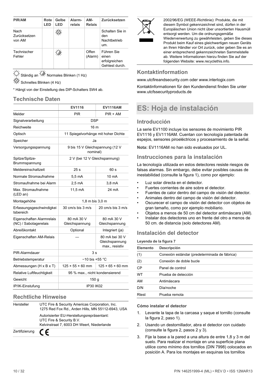 Technische daten, Rechtliche hinweise, Kontaktinformation | Es: hoja de instalación, Introducción, Instrucciones para la instalación, Instalación del detector | Interlogix EV1116 User Manual | Page 10 / 32