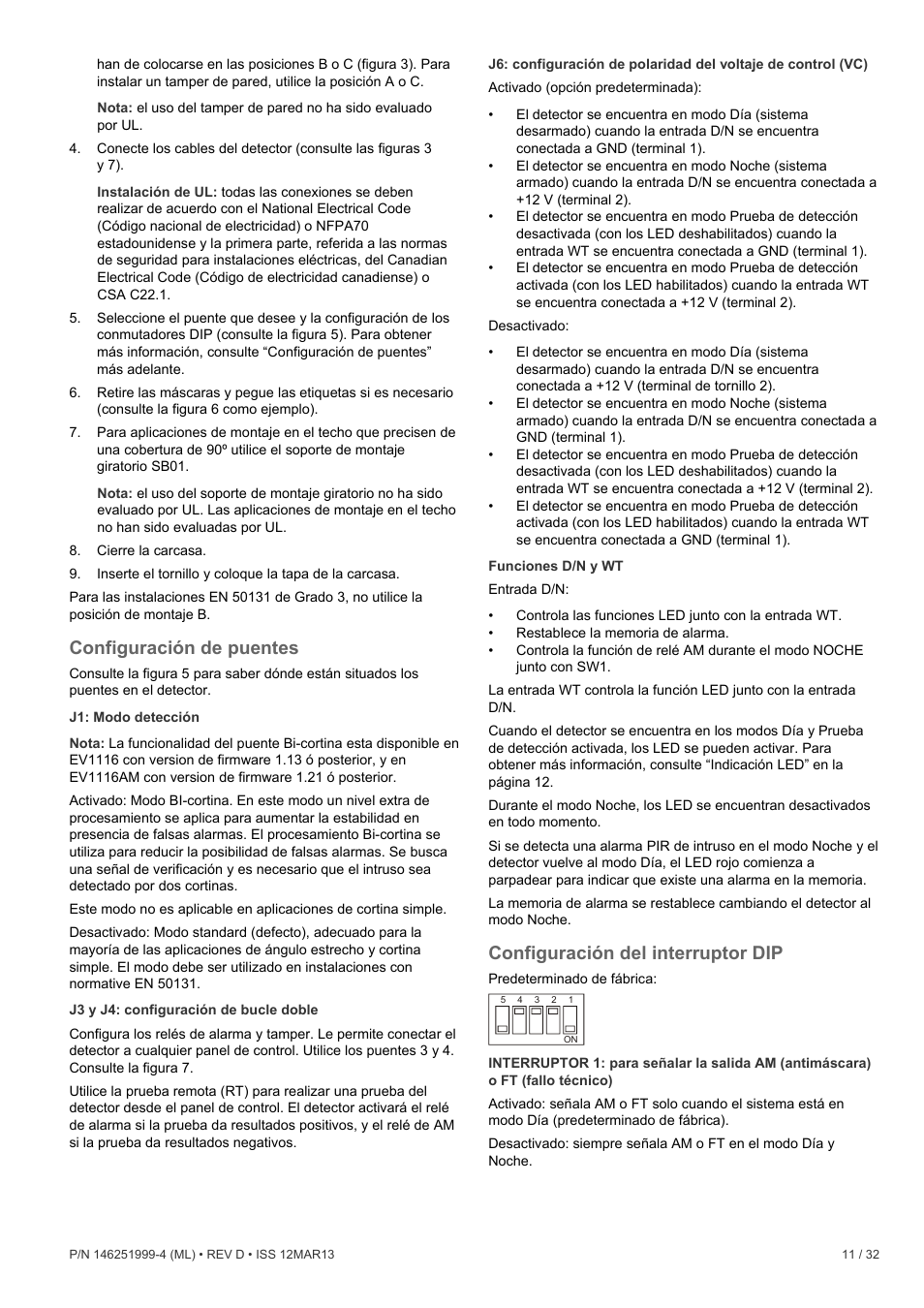 Configuración de puentes, Configuración del interruptor dip | Interlogix EV1116 User Manual | Page 11 / 32
