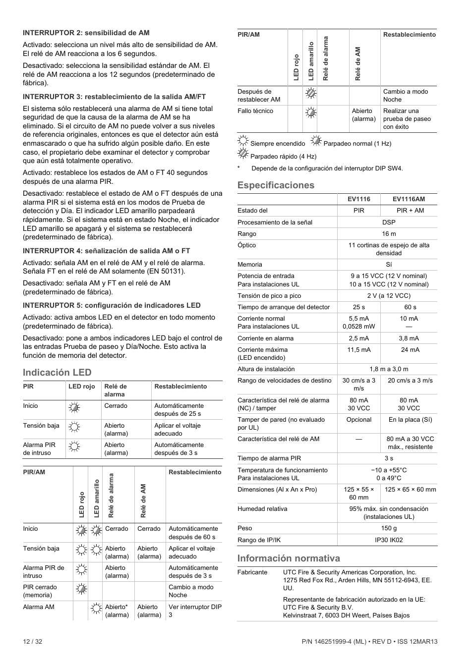 Indicación led, Especificaciones, Información normativa | Interlogix EV1116 User Manual | Page 12 / 32