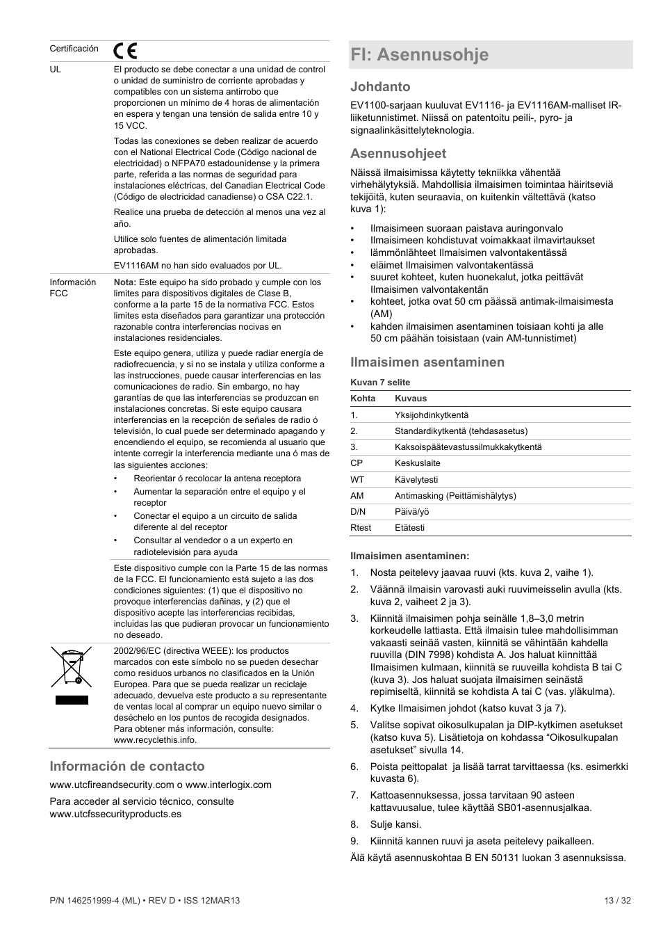 Información de contacto, Fi: asennusohje, Johdanto | Asennusohjeet, Ilmaisimen asentaminen | Interlogix EV1116 User Manual | Page 13 / 32