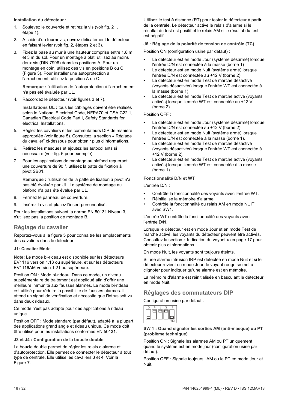 Réglage du cavalier, Réglages des commutateurs dip | Interlogix EV1116 User Manual | Page 16 / 32
