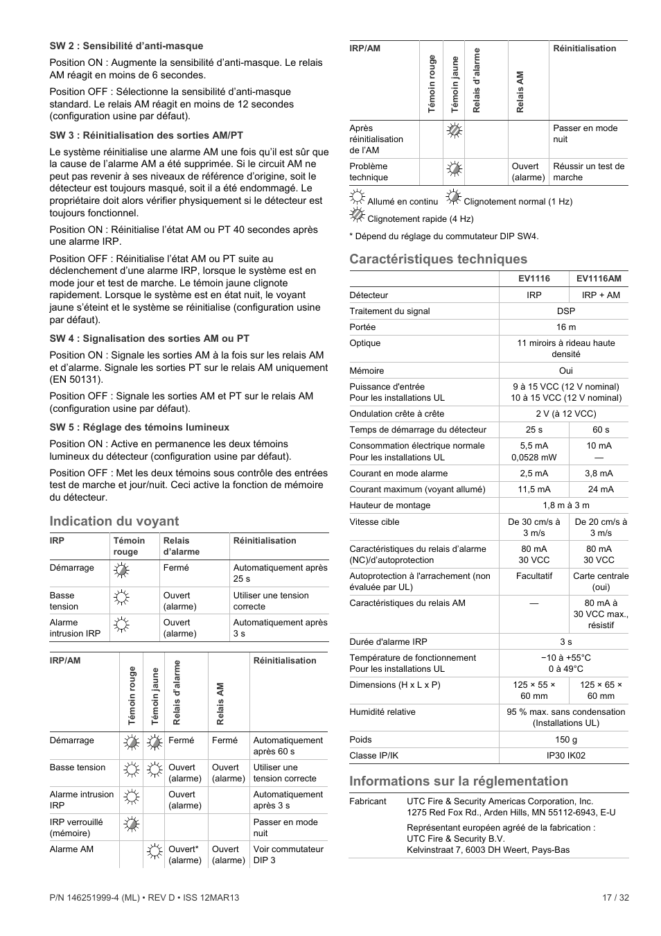 Indication du voyant, Caractéristiques techniques, Informations sur la réglementation | Interlogix EV1116 User Manual | Page 17 / 32