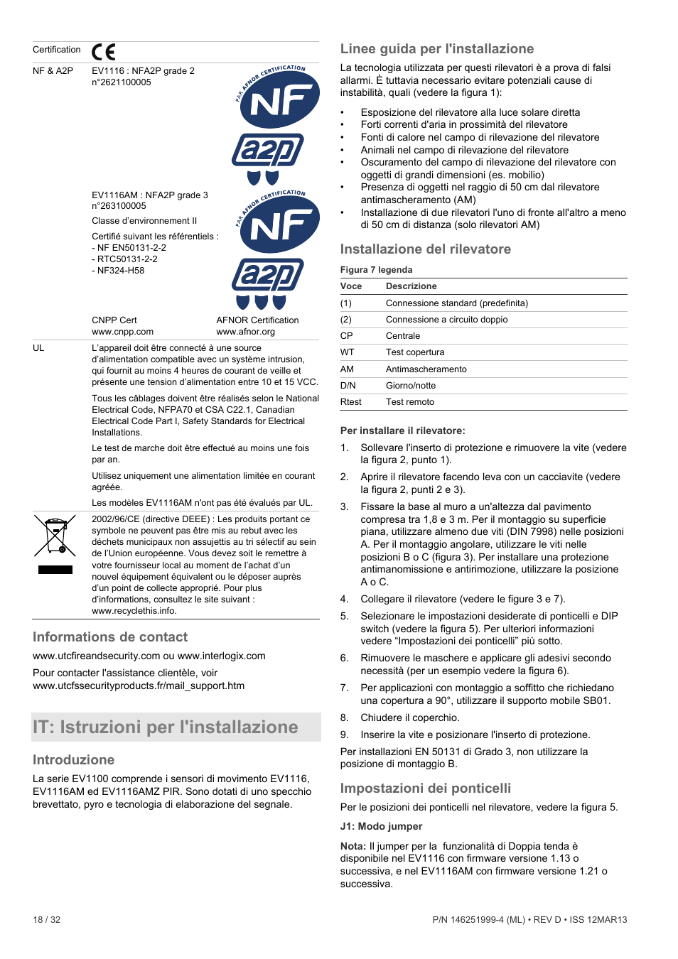 Informations de contact, It: istruzioni per l'installazione, Introduzione | Linee guida per l'installazione, Installazione del rilevatore, Impostazioni dei ponticelli | Interlogix EV1116 User Manual | Page 18 / 32