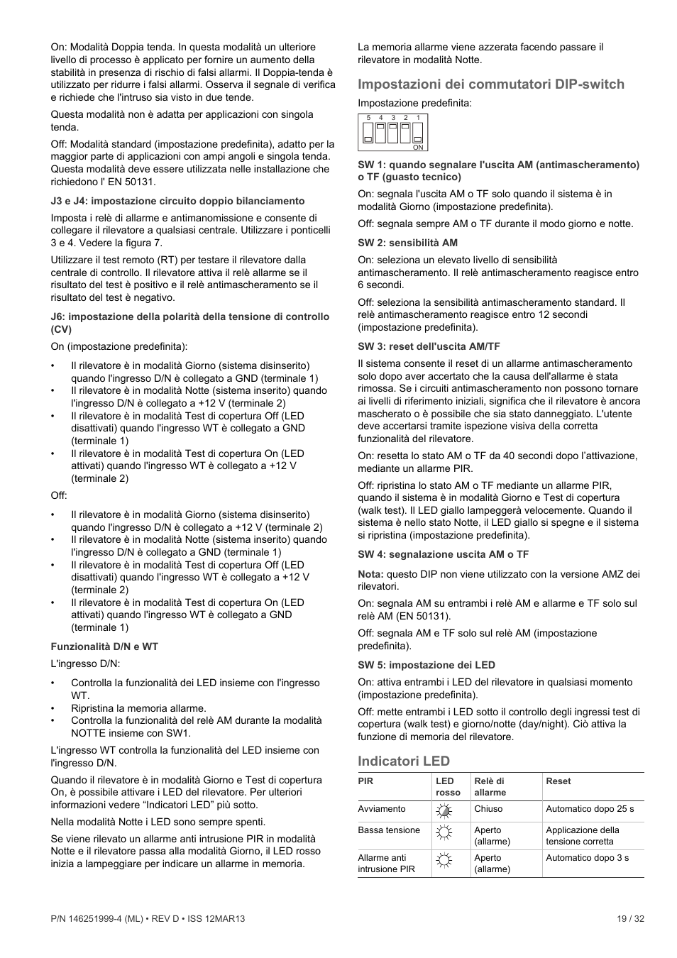 Impostazioni dei commutatori dip-switch, Indicatori led | Interlogix EV1116 User Manual | Page 19 / 32