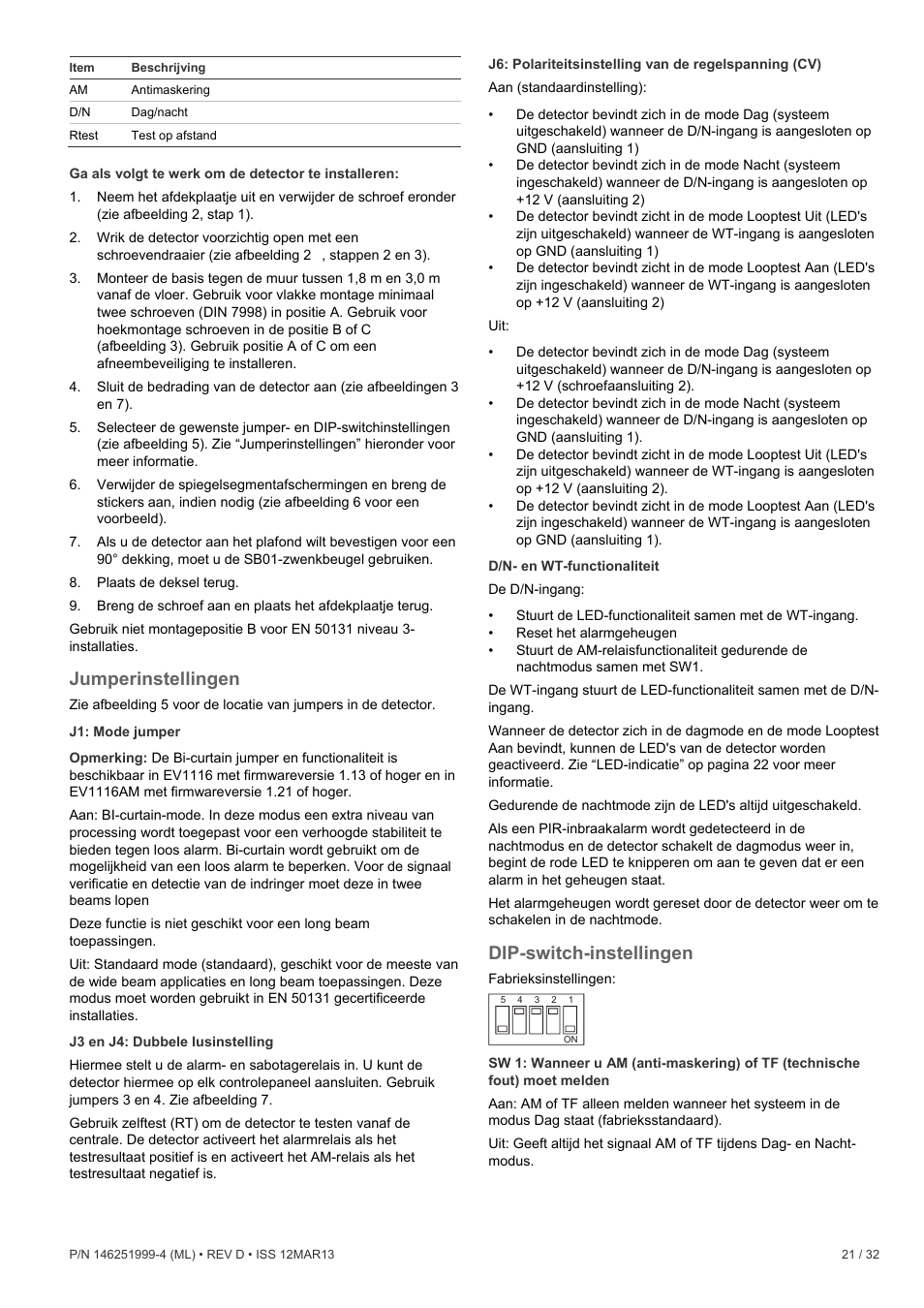 Jumperinstellingen, Dip-switch-instellingen | Interlogix EV1116 User Manual | Page 21 / 32