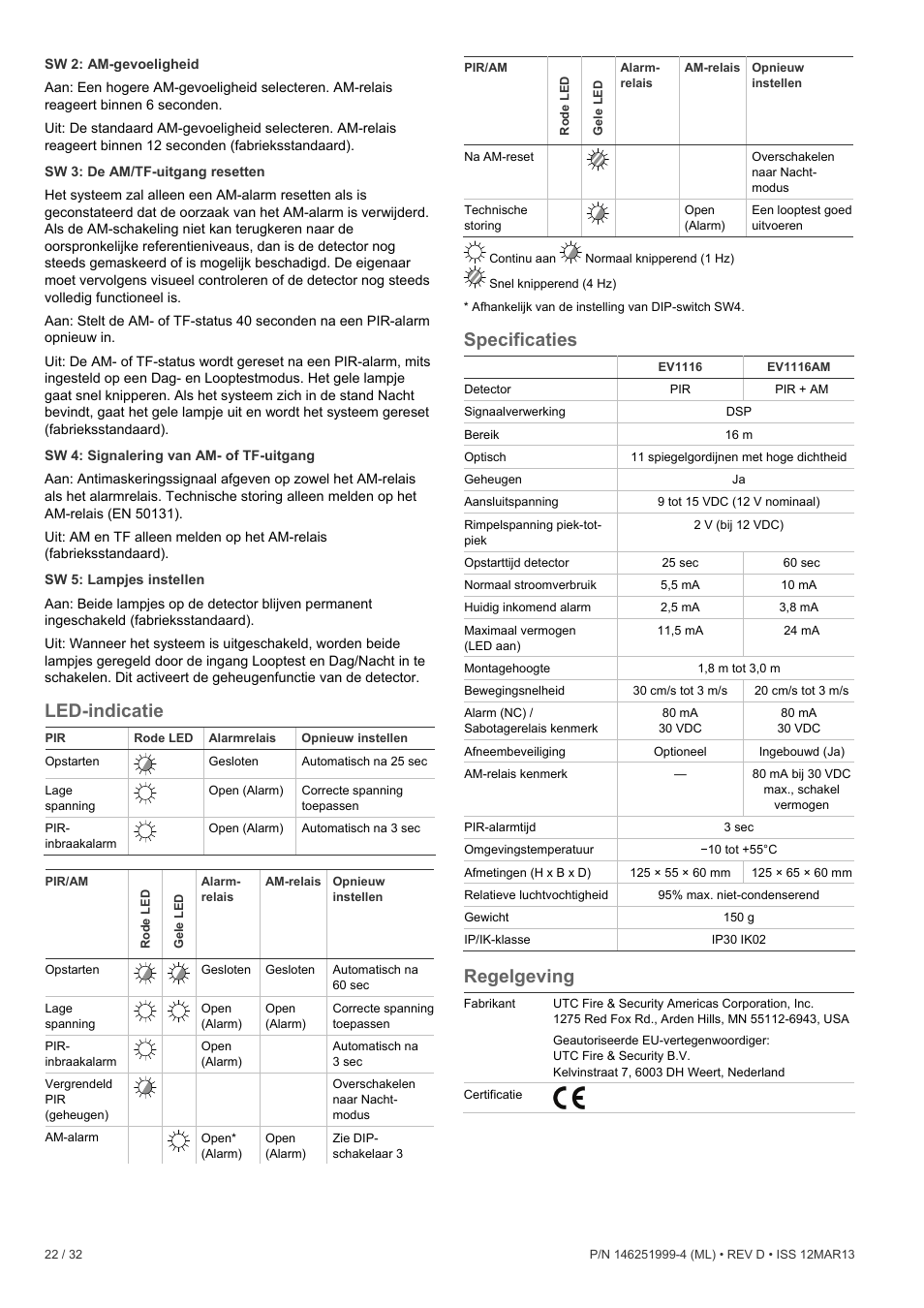 Led-indicatie, Specificaties, Regelgeving | Interlogix EV1116 User Manual | Page 22 / 32