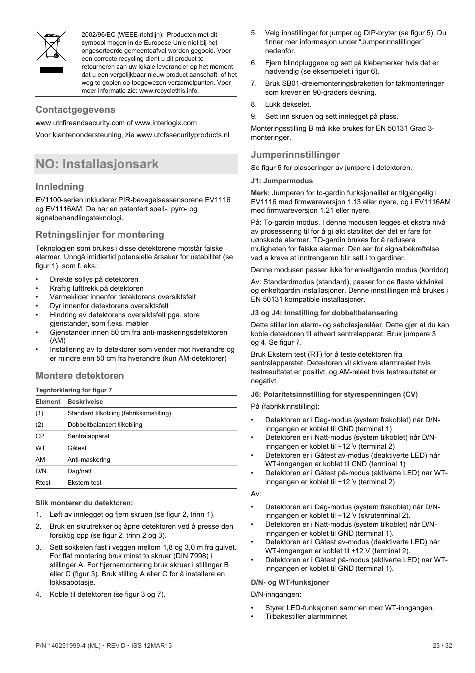 Contactgegevens, No: installasjonsark, Innledning | Retningslinjer for montering, Montere detektoren, Jumperinnstillinger | Interlogix EV1116 User Manual | Page 23 / 32