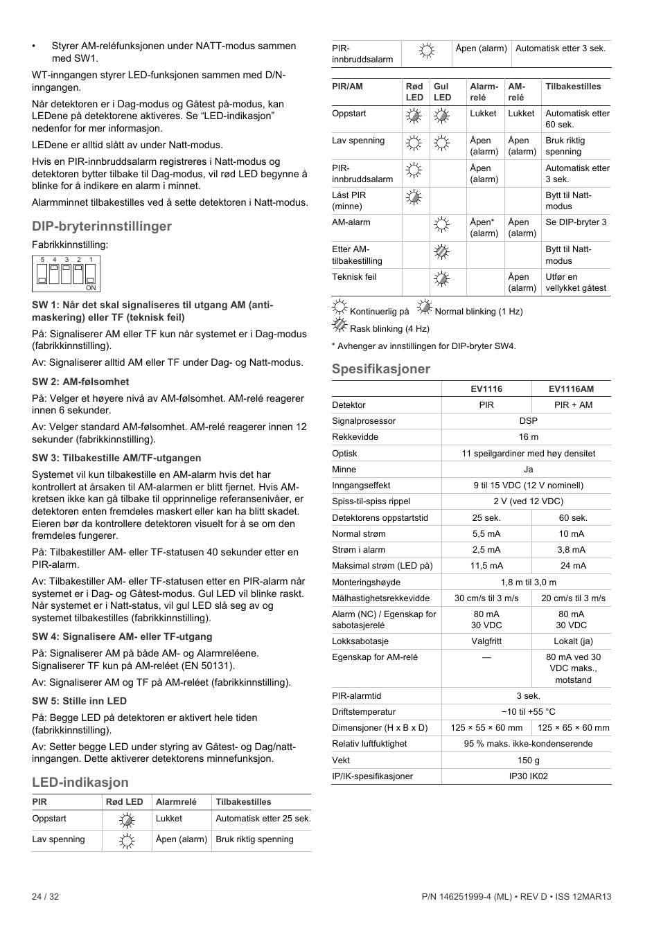 Dip-bryterinnstillinger, Led-indikasjon, Spesifikasjoner | Interlogix EV1116 User Manual | Page 24 / 32