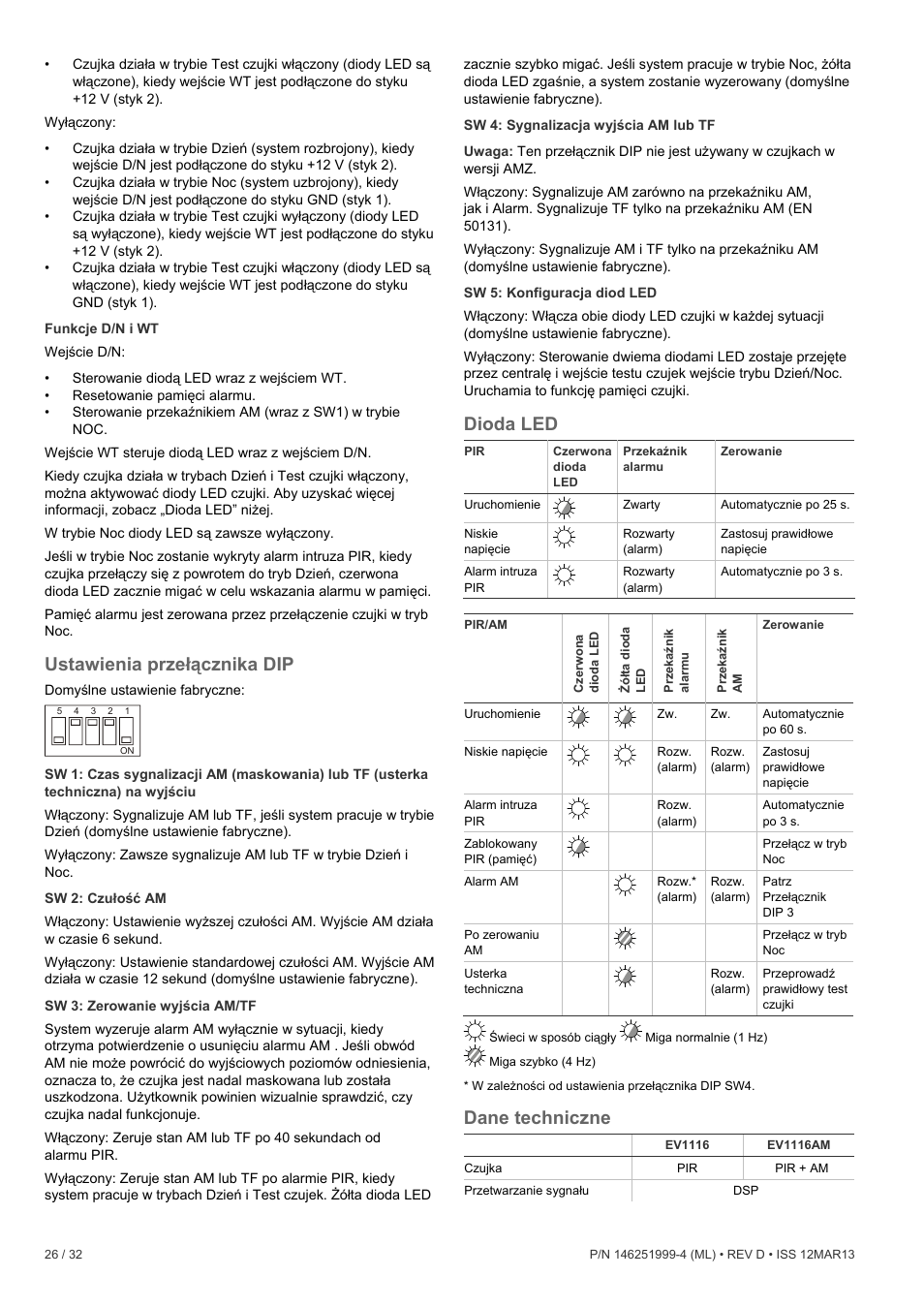 Ustawienia przełącznika dip, Dioda led, Dane techniczne | Interlogix EV1116 User Manual | Page 26 / 32