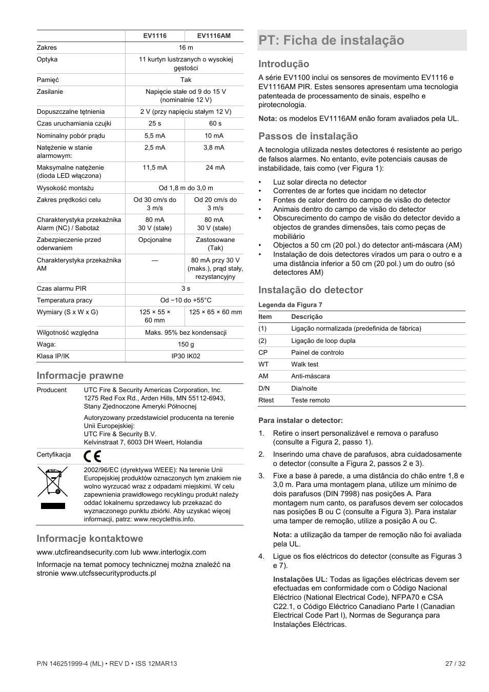 Informacje prawne, Informacje kontaktowe, Pt: ficha de instalação | Introdução, Passos de instalação, Instalação do detector | Interlogix EV1116 User Manual | Page 27 / 32