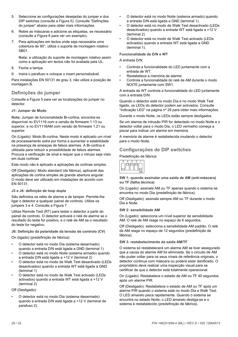 Definições do jumper, Configurações de dip switches | Interlogix EV1116 User Manual | Page 28 / 32