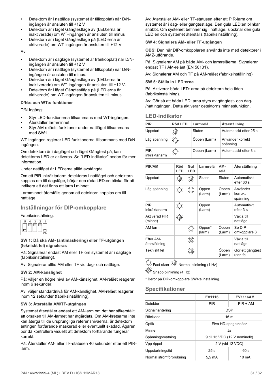 Inställningar för dip-omkopplare, Led-indikator, Specifikationer | Interlogix EV1116 User Manual | Page 31 / 32