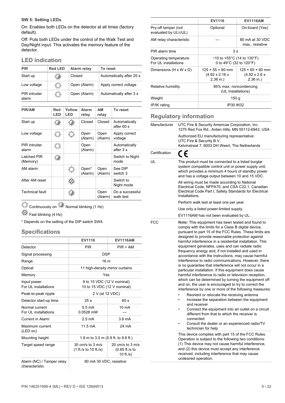 Led indication, Specifications, Regulatory information | Interlogix EV1116 User Manual | Page 5 / 32