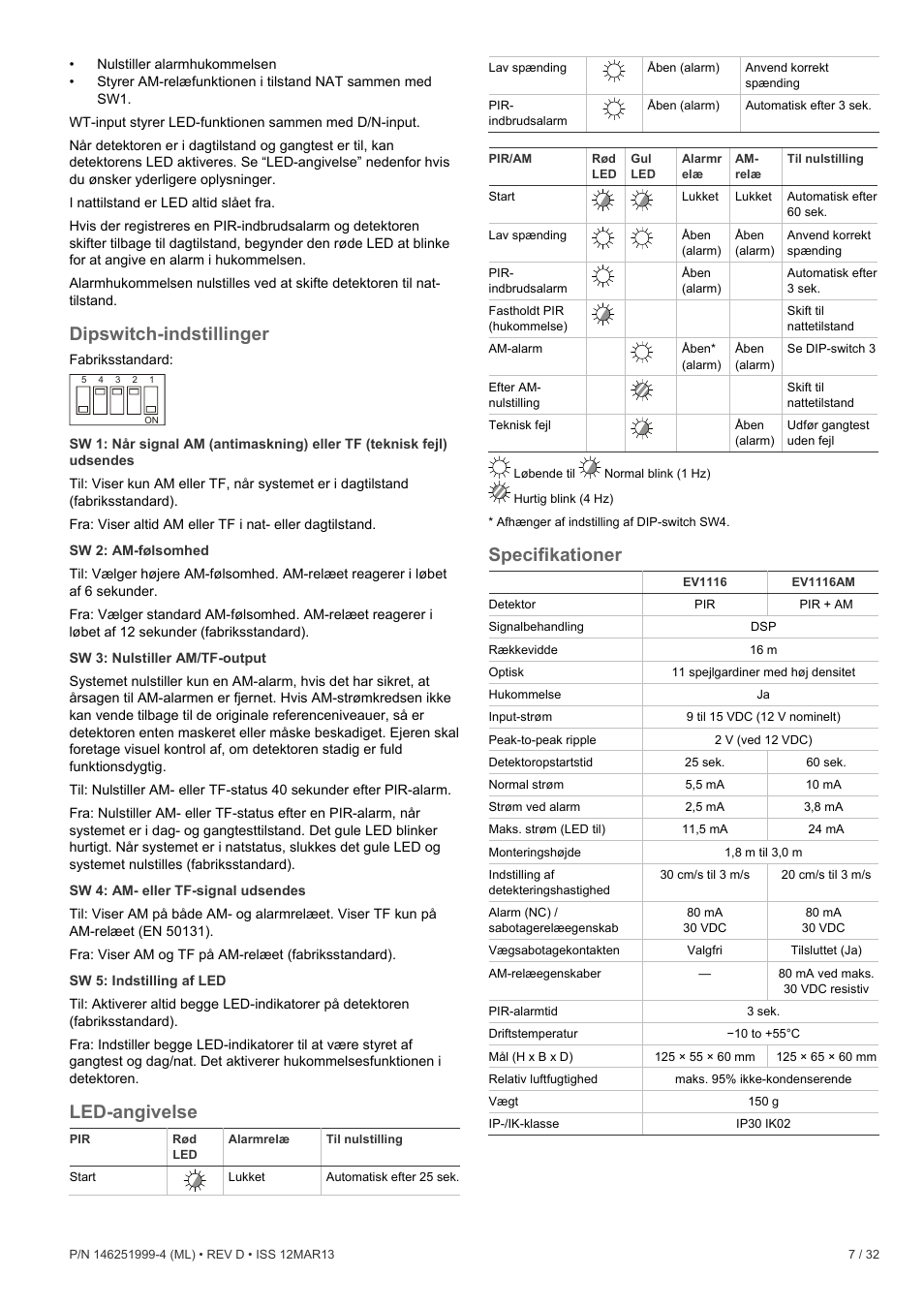 Dipswitch-indstillinger, Led-angivelse, Specifikationer | Interlogix EV1116 User Manual | Page 7 / 32