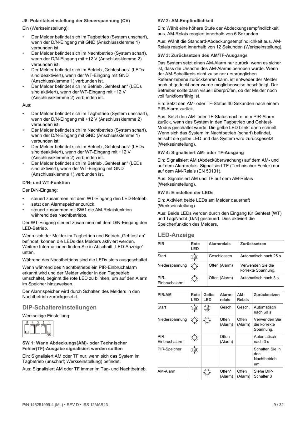 Dip-schaltereinstellungen, Led-anzeige | Interlogix EV1116 User Manual | Page 9 / 32