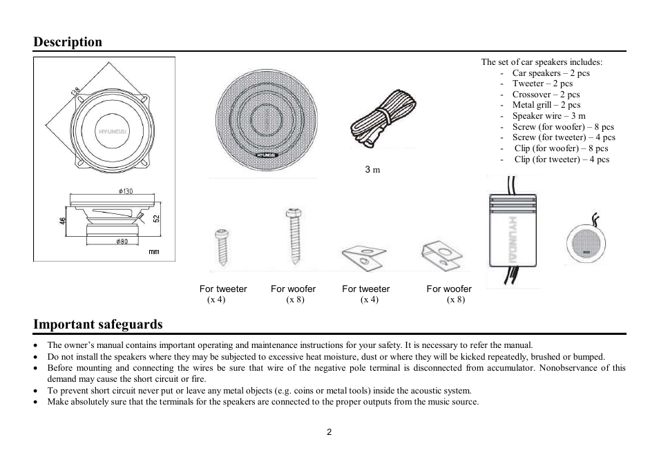 Description, Important safeguards | Hyundai H-CSD52 User Manual | Page 2 / 11