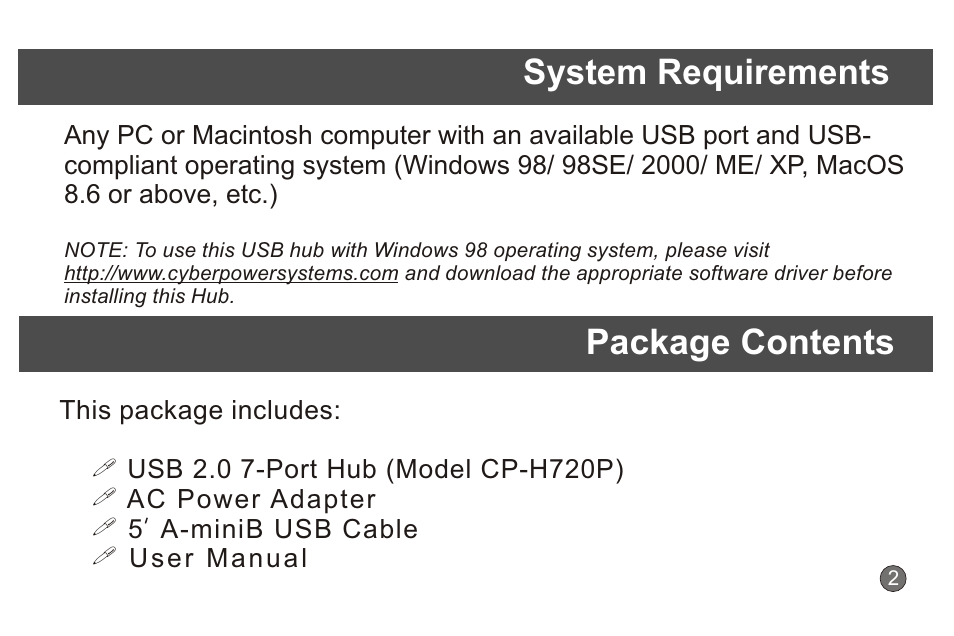 System requirements, Package contents | CyberPower Systems CyberPower CP CP-H720P User Manual | Page 5 / 14