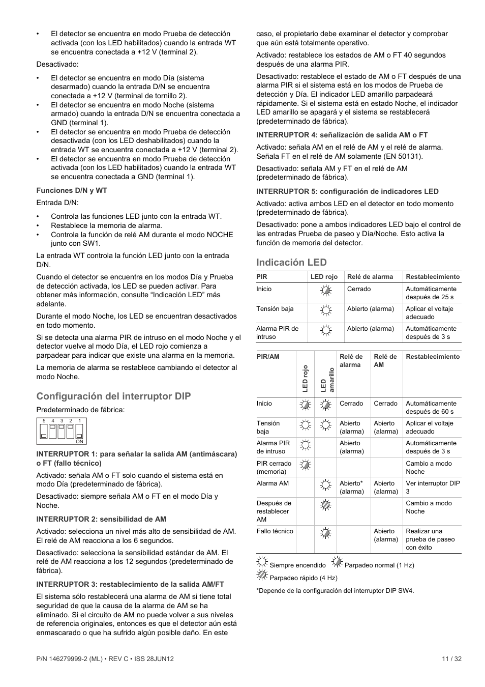 Configuración del interruptor dip, Indicación led | Interlogix VE1120 User Manual | Page 11 / 32