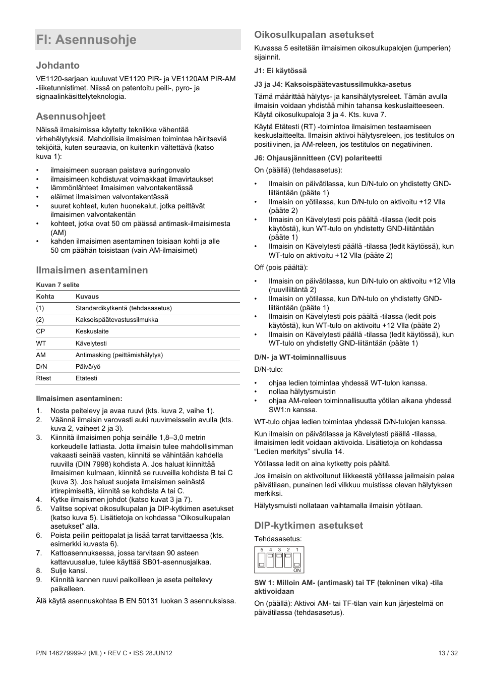 Fi: asennusohje, Johdanto, Asennusohjeet | Ilmaisimen asentaminen, Oikosulkupalan asetukset, Dip-kytkimen asetukset | Interlogix VE1120 User Manual | Page 13 / 32