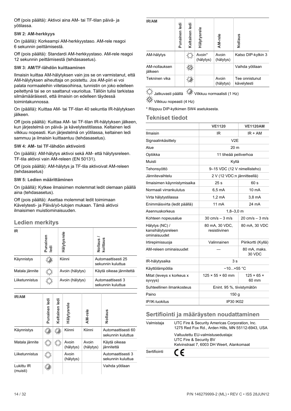 Ledien merkitys, Tekniset tiedot, Sertifiointi ja määräysten noudattaminen | Interlogix VE1120 User Manual | Page 14 / 32