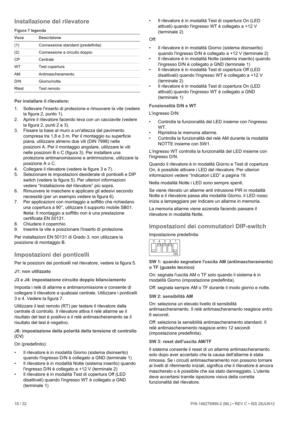 Installazione del rilevatore, Impostazioni dei ponticelli, Impostazioni dei commutatori dip-switch | Interlogix VE1120 User Manual | Page 18 / 32