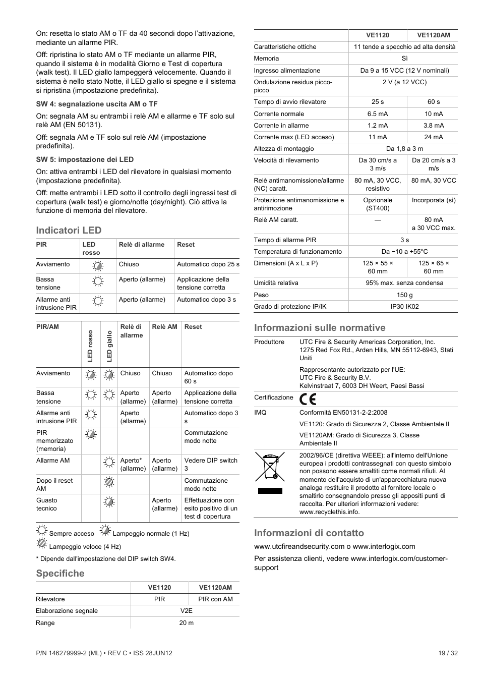 Indicatori led, Specifiche, Informazioni sulle normative | Informazioni di contatto | Interlogix VE1120 User Manual | Page 19 / 32