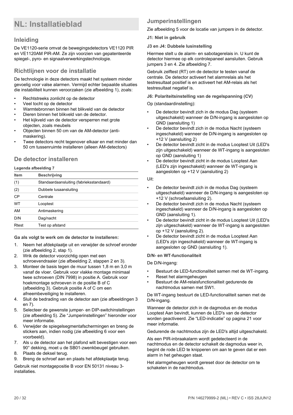 Nl: installatieblad, Inleiding, Richtlijnen voor de installatie | De detector installeren, Jumperinstellingen | Interlogix VE1120 User Manual | Page 20 / 32