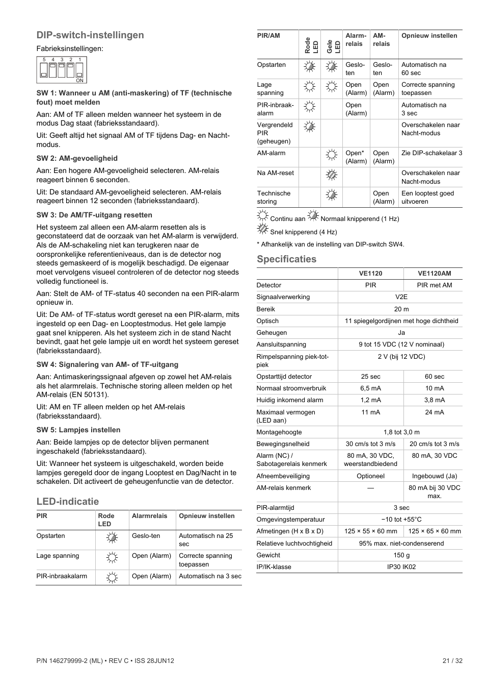 Dip-switch-instellingen, Led-indicatie, Specificaties | Interlogix VE1120 User Manual | Page 21 / 32