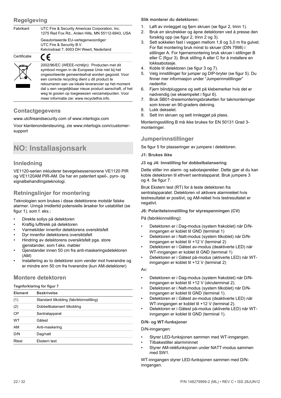 Regelgeving, Contactgegevens, No: installasjonsark | Innledning, Retningslinjer for montering, Montere detektoren, Jumperinnstillinger | Interlogix VE1120 User Manual | Page 22 / 32