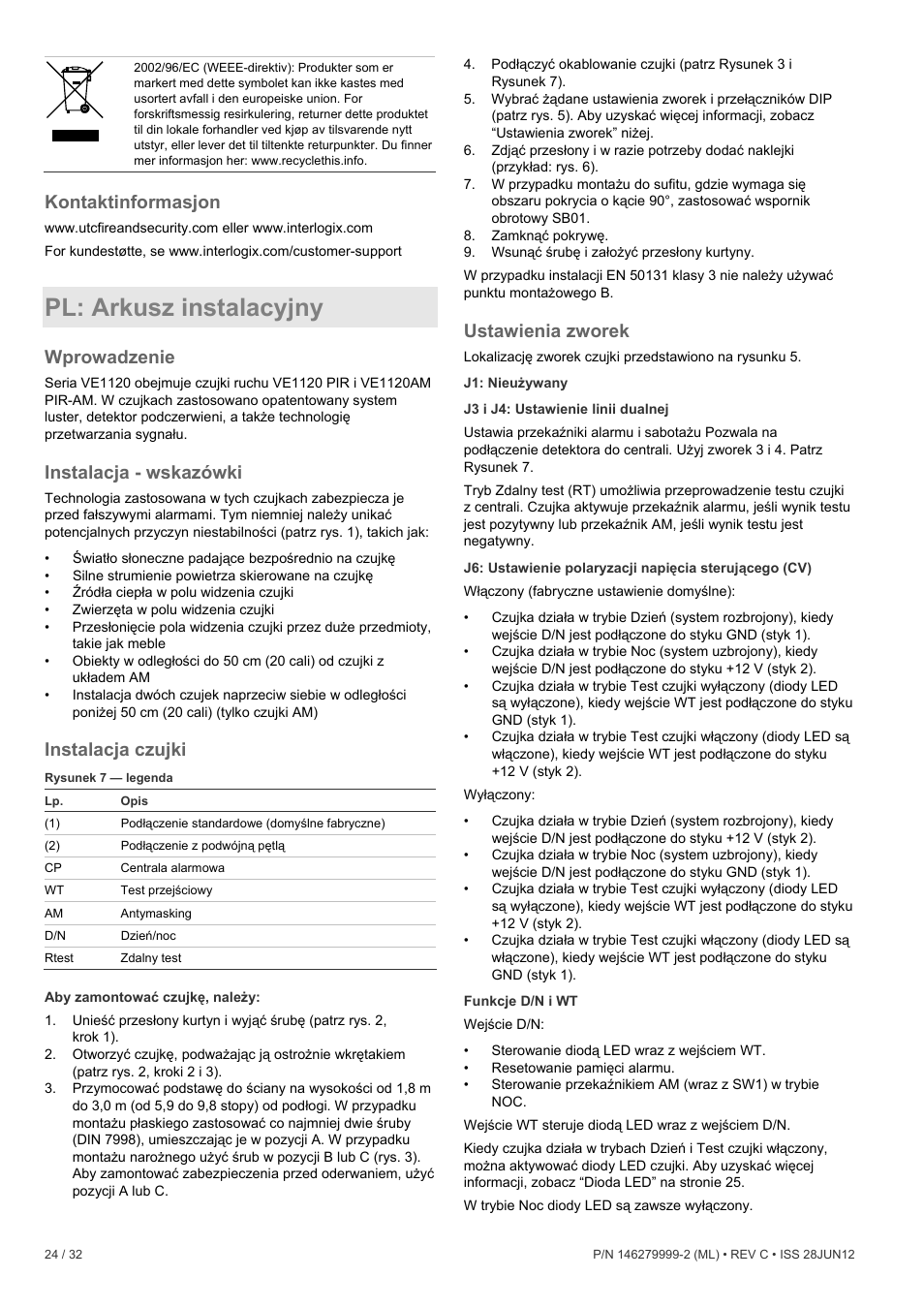 Kontaktinformasjon, Pl: arkusz instalacyjny, Wprowadzenie | Instalacja - wskazówki, Instalacja czujki, Ustawienia zworek | Interlogix VE1120 User Manual | Page 24 / 32