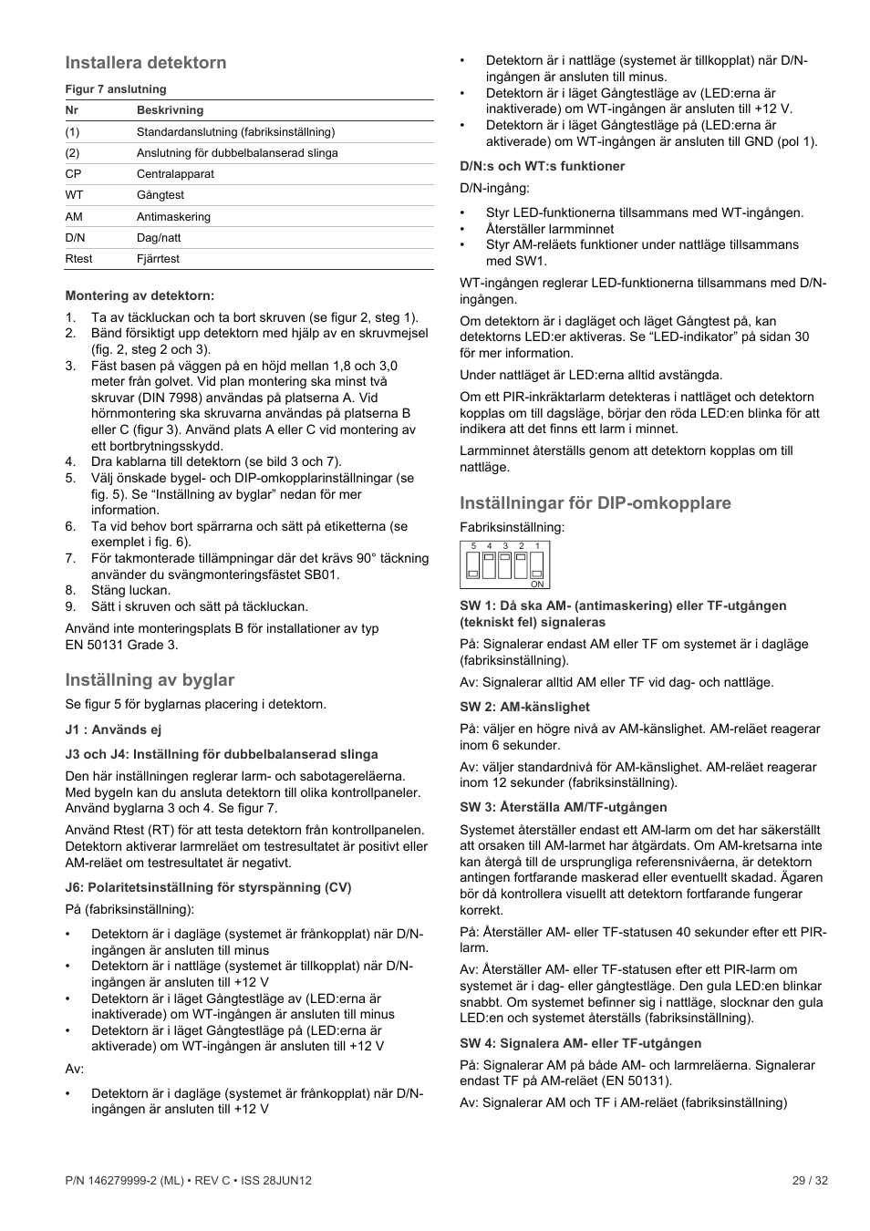Installera detektorn, Inställning av byglar, Inställningar för dip-omkopplare | Interlogix VE1120 User Manual | Page 29 / 32