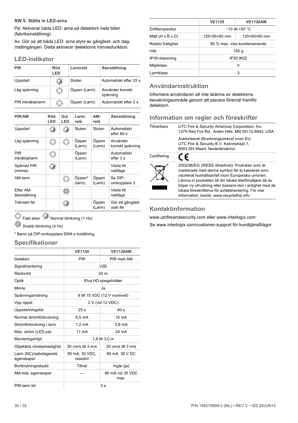 Led-indikator, Specifikationer, Användarinstruktion | Information om regler och föreskrifter, Kontaktinformation | Interlogix VE1120 User Manual | Page 30 / 32