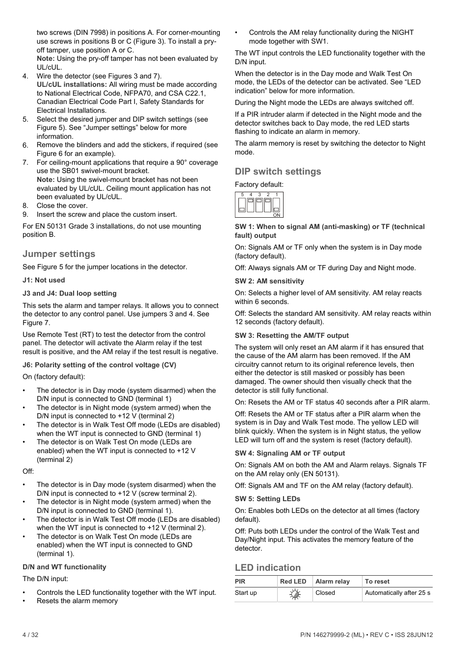 Jumper settings, Dip switch settings, Led indication | Interlogix VE1120 User Manual | Page 4 / 32