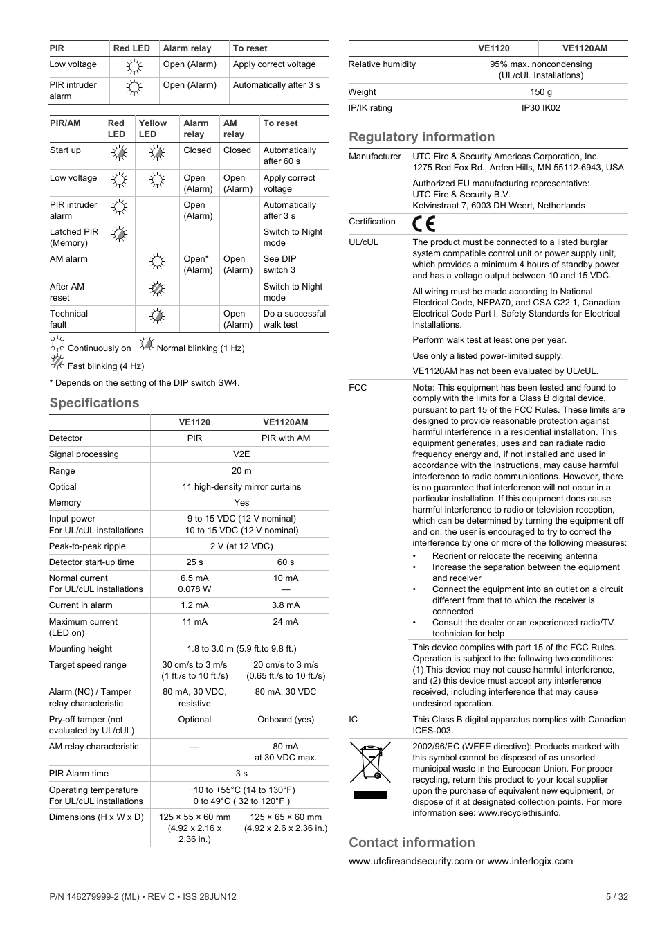 Specifications, Regulatory information, Contact information | Interlogix VE1120 User Manual | Page 5 / 32