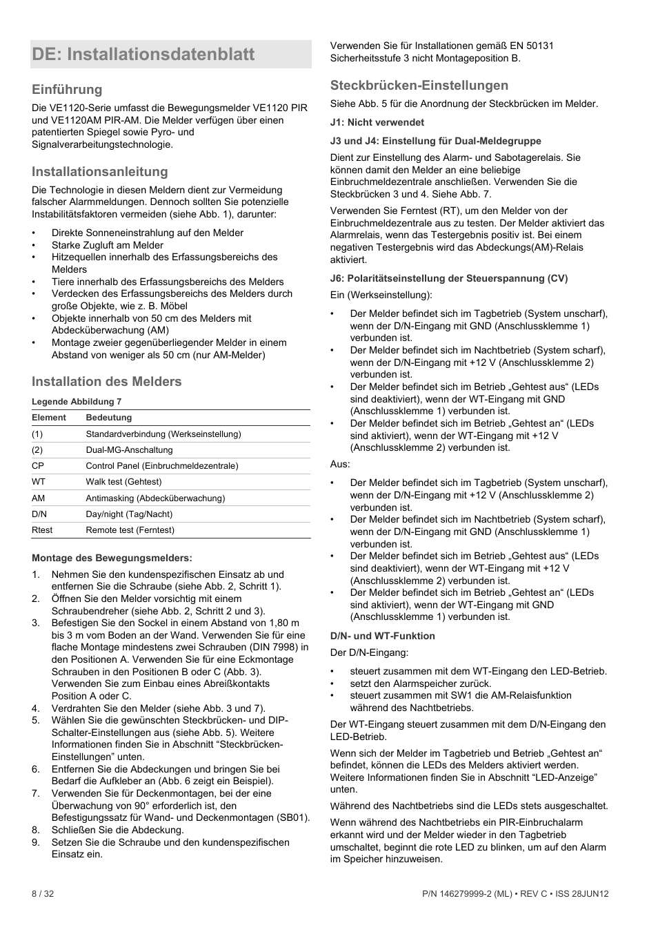 De: installationsdatenblatt, Einführung, Installationsanleitung | Installation des melders, Steckbrücken-einstellungen | Interlogix VE1120 User Manual | Page 8 / 32