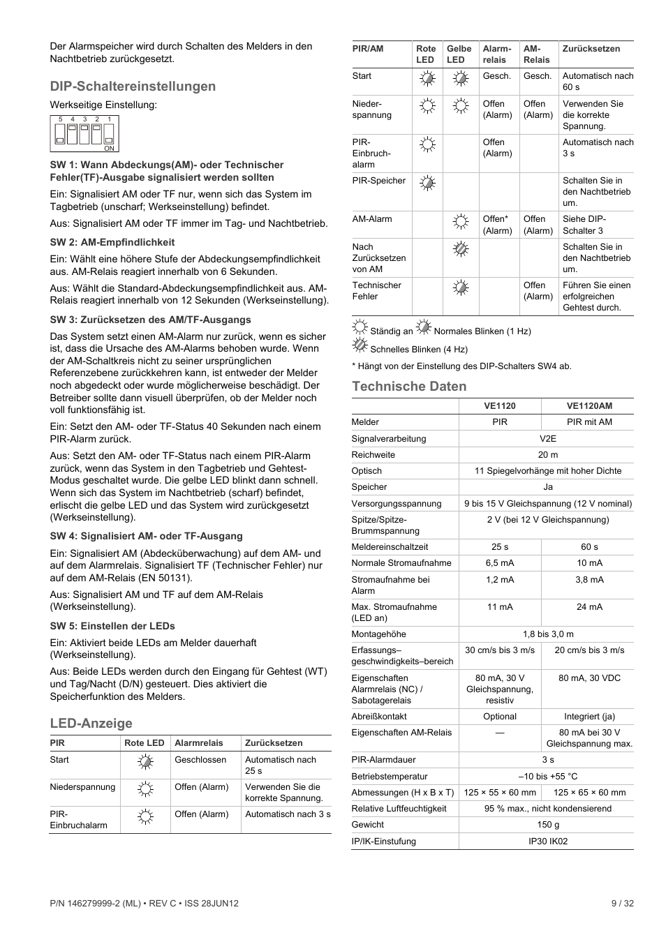 Dip-schaltereinstellungen, Led-anzeige, Technische daten | Interlogix VE1120 User Manual | Page 9 / 32