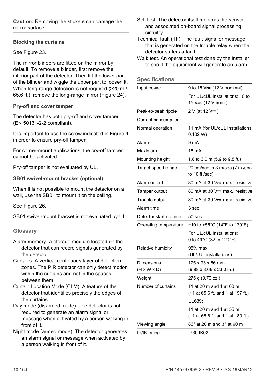 Glossary, Specifications | Interlogix VE736 User Manual | Page 10 / 64