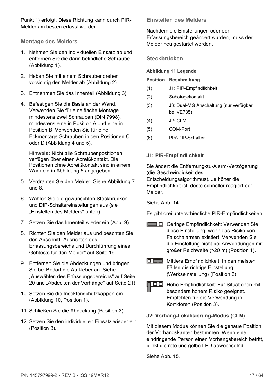 Montage des melders, Einstellen des melders, Steckbrücken | Interlogix VE736 User Manual | Page 17 / 64
