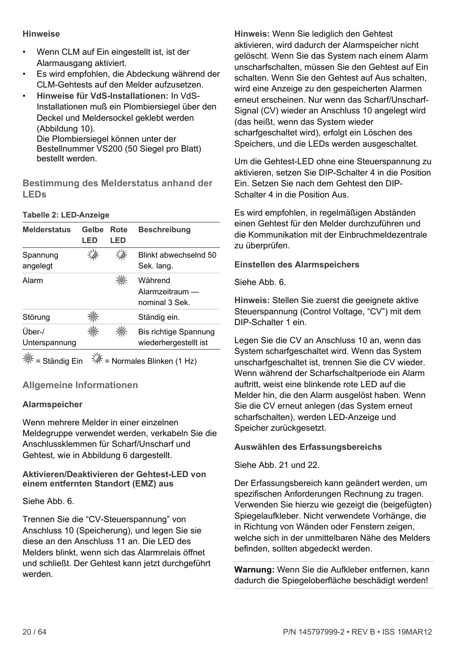 Bestimmung des melderstatus anhand der leds, Allgemeine informationen, Auswählen des erfassungsbereichs“ auf seite 20 und | Interlogix VE736 User Manual | Page 20 / 64