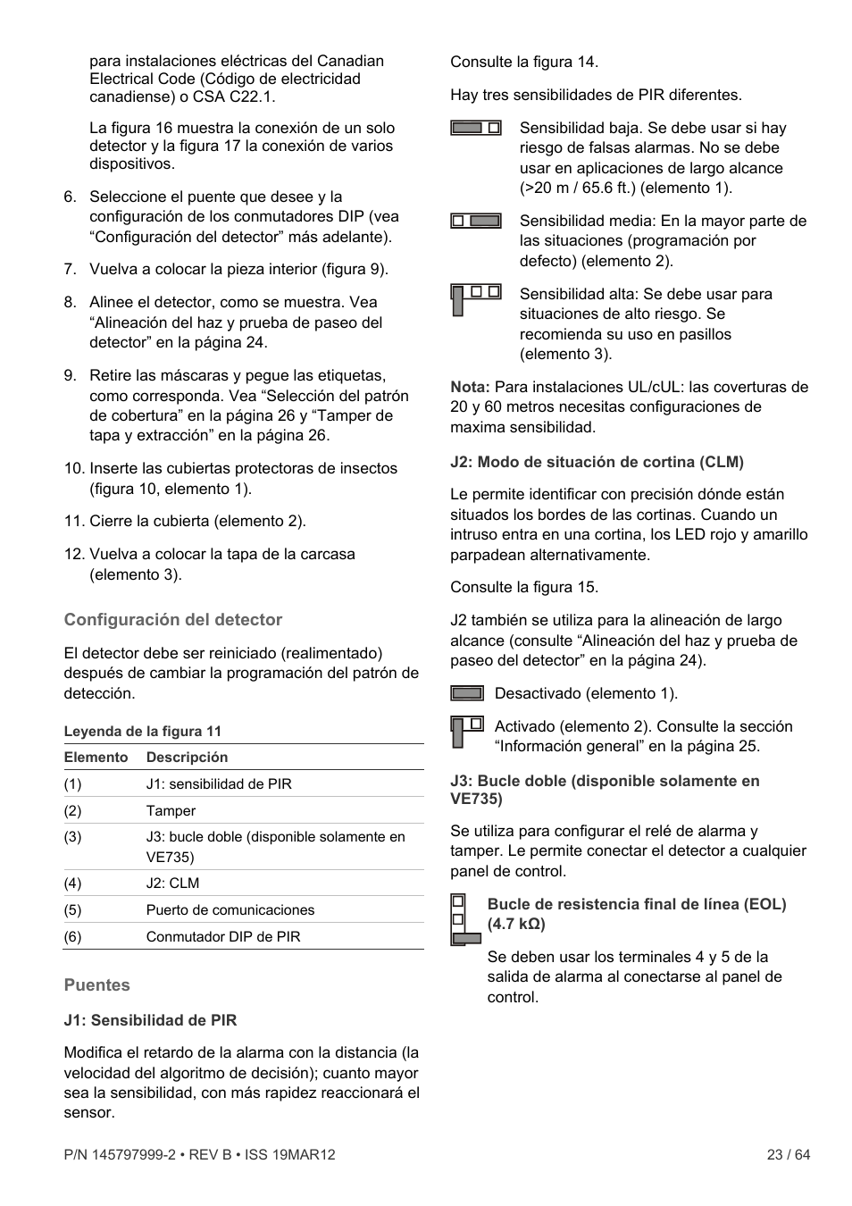 Configuración del detector, Puentes | Interlogix VE736 User Manual | Page 23 / 64